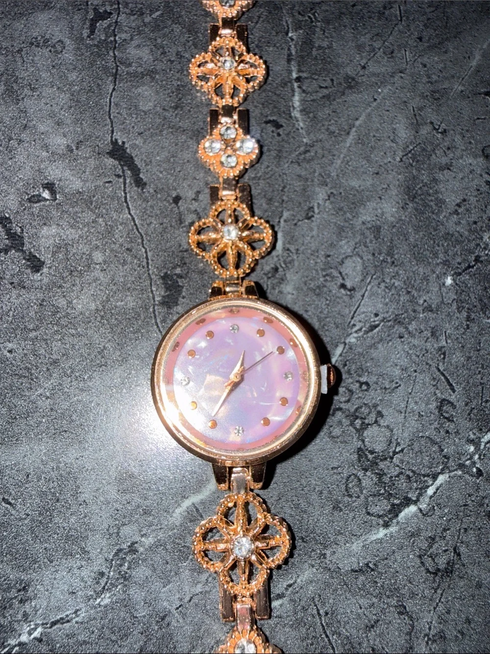 Delicate Rose Gold Floral Link Bracelet Watch with Pink/purple mother of pearl